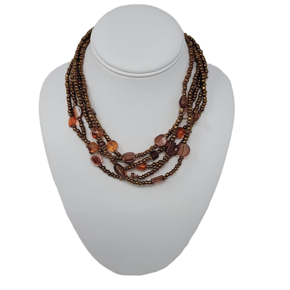 Vintage Beaded Statement Necklace Multi Strand Earth Tone Bronze Glass Layered